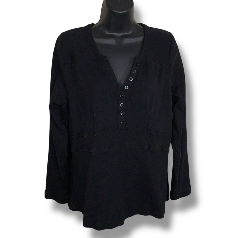 Large Bianca Nygard Black Cotton Top Button Up Neckline Thermal Long Sleeve